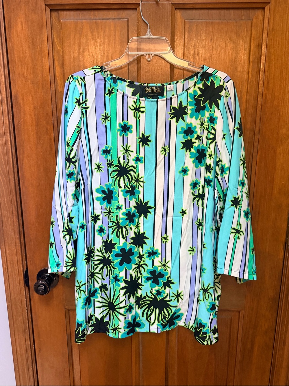 Bob Mackie Teal, Black & White Floral Stripe Tunic